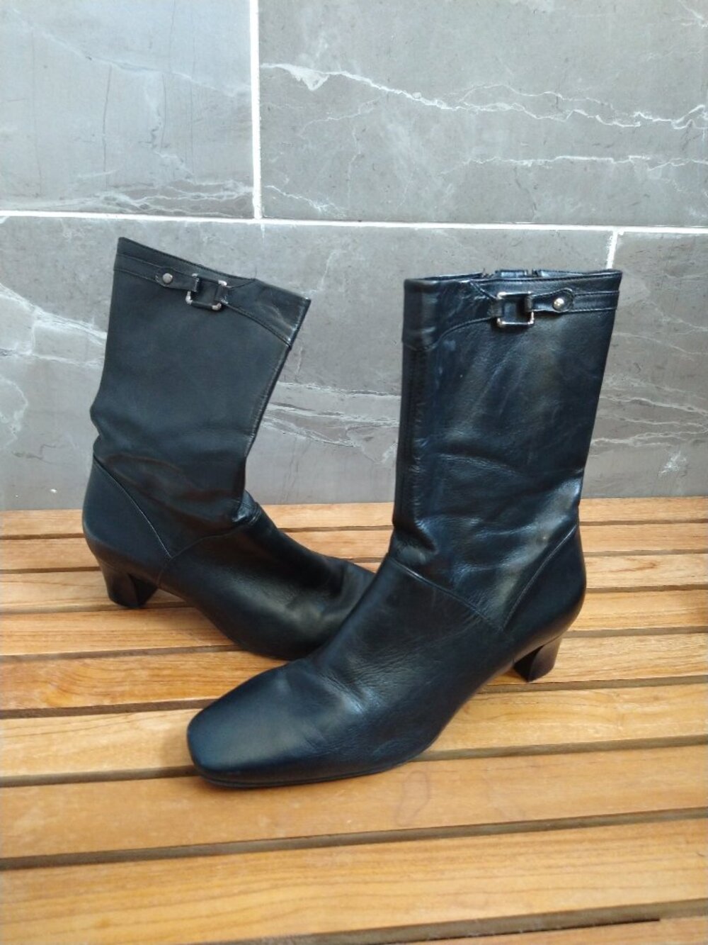 Antonio Melani Black Leather Mid-Calf Booties Size 9.5